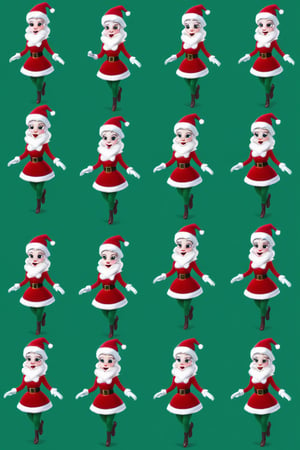 Character Design Sheet, a candid moment in a crowded North Pole Santa girl , (Croma green background), character reference sheet, character turn around,disney style, running sequence for Adobe animate CC, 10 frame , also mention the page one is the first second third number