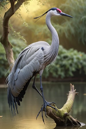 Crane (Male) bird sitting on top of a tree branch, closed beak, very long tail, unsplashed photography, hyper realistic, staggering in its beauty, la nouvelle vague, sitting at a pond, , long flowing fins, highly capsuled, this set colours, Steve, 8k, sharp focused