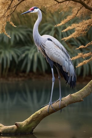 Crane (Male) bird sitting on top of a tree branch, closed beak, very long tail, unsplashed photography, hyper realistic, staggering in its beauty, la nouvelle vague, sitting at a pond, , long flowing fins, highly capsuled, this set colours, Steve, 8k, sharp focused