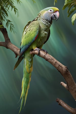 Green parrot (Male) bird sitting on top of a tree branch, closed beak, very long tail, unsplashed photography, hyper realistic, staggering in its beauty, la nouvelle vague, sitting at a pond, , long flowing fins, highly capsuled, this set colours, Steve, 8k, sharp focused