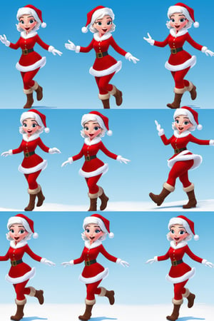 Character Design Sheet, a candid moment in a crowded North Pole Santa girl , character reference sheet, character turn around,disney style, running sequence for Adobe animate CC, 10 frame , also mention the page one is the first second third number