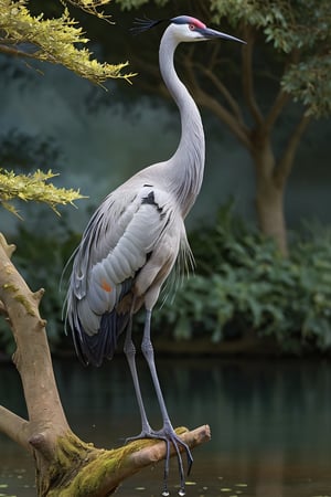 Crane (Male) bird sitting on top of a tree branch, closed beak, very long tail, unsplashed photography, hyper realistic, staggering in its beauty, la nouvelle vague, sitting at a pond, , long flowing fins, highly capsuled, this set colours, Steve, 8k, sharp focused