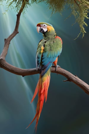 a parrot (Male) bird sitting on top of a tree branch, closed beak, very long tail, unsplashed photography, hyper realistic, staggering in its beauty, la nouvelle vague, sitting at a pond, , long flowing fins, highly capsuled, this set colours, Steve, 8k, sharp focused