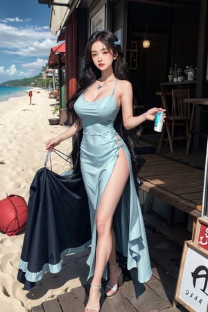 (masterpiece:1.2, best quality), Clothing: blue flowy maxi dress, wedge_heels, Accessories: shell necklace, Hair: loose beach waves, Makeup: natural, glowing skin, Behavior: relaxed, carefree, free-spirited, Location: beach, resort, red eyes,AI_Misaki ,futureaodai,Mecha,Mechanical part,high-low_skirt,huge_breasts,wide_shot=(Whole_body_from_far_away)