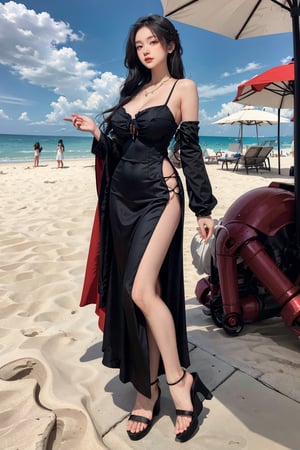 (masterpiece:1.2, best quality), Clothing: blue short flowy maxi dress, wedge_heels, Accessories: shell necklace, Hair: loose beach waves, Makeup: natural, glowing skin, Behavior: relaxed, carefree, free-spirited, Location: beach, resort, red eyes,AI_Misaki ,futureaodai,Mecha,Mechanical part,high-low_skirt,huge_breasts,wide_shot=(Whole_body_from_far_away)