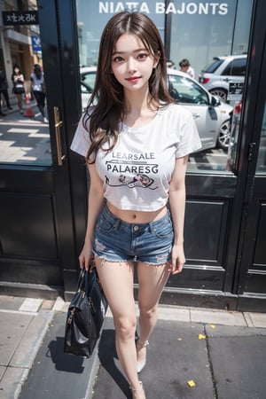 In Seoul, black stilettos , fullbody:1.2, jean shorts pants:10 , legs apart:1.6,
 ((natta、Realistic light、top-quality、8K、​masterpiece:1.3)),1girl in,Slim Beauty:1.2, braless:2.0, nipples visible:2.4 , abdominals:1.1,Blond straight haired,(White tight t-shirt: 1.3),beauty legs,Super fine face,A detailed eye,cheerful,seductive smile,mikana_yamamoto,jeongyeon, cleavage,gigantic_breasts,