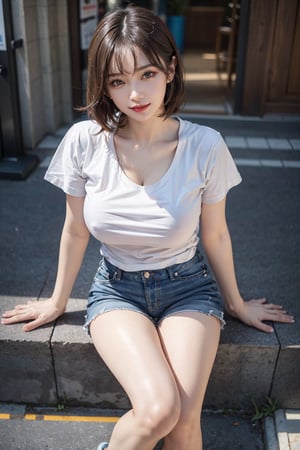 In Seoul, black stilettos , fullbody:1.2, jean shorts pants:10 , legs apart:1.6,
 ((natta、Realistic light、top-quality、8K、​masterpiece:1.3)),1girl in,Slim Beauty:1.2, braless:2.0, nipples visible:2.4 , abdominals:1.1,Blond straight haired,(White tight t-shirt: 1.3),beauty legs,Super fine face,A detailed eye,cheerful,seductive smile,mikana_yamamoto,jeongyeon, cleavage,gigantic_breasts,