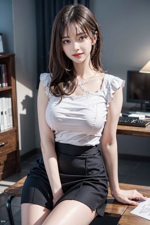 An office, black stilettos ,glasses:1.1, white blouse:1.5, black short skirt1.5, fullbody:1.1, legs apart:1.8, panties visible:1.5,((natta、Realistic light、top-quality、8K、​masterpiece:1.3)),1girl, abdominals:1.1,Blond straight haired, big breasts:1.2,  beauty legs,Super fine face,A detailed eye,cheerful,seductive,smile,mikana_yamamoto,jeongyeon,gigantic_breasts,under_boob