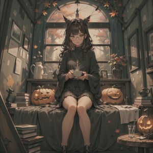 picture of a ((casual cozy room, girl sitting on the bed making a ritual)),  (full body), (darkness),  (above perspective), girl looking down, cute kawaii witch fea attire, ((with round glassess, with long curly brown hair)), shiny eyes, cards spread, cards, mystic cards, divination, room decorations, pumpkin, crows skull, crows, cup of hot tea, candles, books, (window with autumn forest and field of grass), highly detailed, 4k, HD, crispy, smooth, masterpiece, digital art, beautiful, 