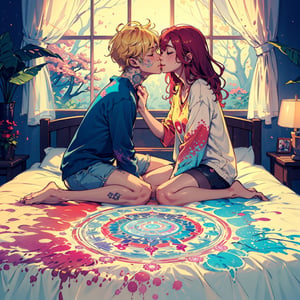 picture of a (girl and a boy kissing on the bed), sitting on the bed, cheek hold, holding face, closed eyes, sweet, caring, cute, passionate, intoxicated expression, with tattoos, piercing, intimate, love, positive, trippy, hippie jewerly, casual cozy room, close up, petite, full body, great anatomy, colorful smoke, casual hippie attire, relaxed, tie dye top, mandalas, fantasy shapes and waves, colorful, mushroom decoration, smile, calm, magical light, good proportions, girl with freckles, girl with cherry red hair, boy with blonde hair, window with very dark forest, night, (above perspective), beautiful light, high contrast, highly detailed, 4k, 8k, HD, crispy, smooth, masterpiece, digital art, beautiful, high focus, very warm tones