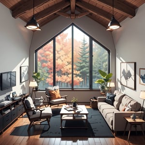 picture of a cozy room, big window, dark autumn forest behind the window, cloudy, high fluffy cute bed, modern, open space, cozy, loft, very long wooden desk by the window, office chair, puffy armchair, flyffy rug, high contrast, dark wood, huge open room, minimalism, velvet, cute decoration, girly decoration, (above perspective), highly detailed, 4k, 8k, HD, crispy, smooth, masterpiece, digital art, beautiful, architecture, interior design, ,glass,xyzsanart01