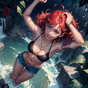 picture of a (girl half in water), (above perspective), looking away, with freckles, dynamic pose, happy expression, big smile,  ((wet clothes)), ((wet damp hair)), (wet), with wet tshirt, relaxed body, (very small flat breast), ((darkness behind)), dark cave behind, with feminine tattoos,, with bikini top, long jean shorts, many long necklaces, with curly hair, with dark green forest, waterfall, big rocks, water, plants, rose quartz, hibiscus bush, casual gothic attire, golden, high cotrast, ultra realistic lightning, (above perspective), highly detailed, 4k, 8k, HD, crispy, smooth, masterpiece, digital art, beautiful,glass,plants,guweiz style