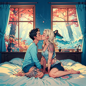 picture of a ((boy and girl kissing on the bed)), sitting on the bed, close up, cheek hold, holding face, cheek carassing, blushing, closed eyes, innocent, beautiful kiss, caring, cute, passionate, with tattoos, love, jewerly, casual cozy room, close up, full body, great anatomy, casual hippie attire, relaxed, mandalas, fantasy shapes and waves, colorful, mushroom decoration, good proportions, window with forest, (above perspective), beautiful light, high contrast, highly detailed, 4k, 8k, HD, crispy, smooth, masterpiece, digital art, beautiful, high focus, very warm tones,