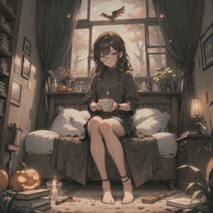 picture of a ((casual cozy room, girl sitting on the bed making a ritual)),  (full body), (darkness),  (above perspective), girl looking down, cute kawaii witch fea attire, (with round glassess, with long curly brown hair), shiny eyes, room decorations, pumpkin, crow skull, crows, cup of hot tea, candles, books, (window with autumn forest and field of grass), highly detailed, 4k, HD, crispy, smooth, masterpiece, digital art, beautiful, 