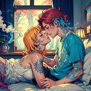 picture of a (girl and a boy kissing on the bed), sitting on the bed, cheek hold, holding face, closed eyes, passionate, intoxicated expression, with tattoos, piercing, intimate, love, positive, trippy, hippie jewerly, casual cozy room, close up, petite, full body, great anatomy, colorful smoke, casual hippie attire, relaxed, tie dye top, mandalas, fantasy shapes and waves, colorful, mushroom decoration, smile, calm, magical light, good proportions, with freckles, girl with cherry red hair and eyebrows, boy with blonde hair, window with very dark forest, night, (above perspective), beautiful light, high contrast, highly detailed, 4k, 8k, HD, crispy, smooth, masterpiece, digital art, beautiful, high focus, very warm tones