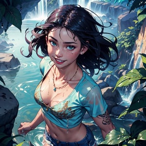 picture of a (girl half in water), (above perspective), looking away, with freckles, dunamic pose, happy expression, big smile,  ((wet clothes)), ((wet damp hair)), (wet), with innocent expression, with wet tshirt, with hazel green eyes, relaxed body, (very small flat breast), ((darkness behind)), dark cave behind, with feminine tattoos,, with bikini top, long jean shorts, many long necklaces, with curly hair, with dark green forest, waterfall, big rocks, water, plants, rose quartz, hibiscus bush, casual gothic attire, golden, high cotrast, ultra realistic lightning, (above perspective), highly detailed, 4k, 8k, HD, crispy, smooth, masterpiece, digital art, beautiful,glass,plants,guweiz style