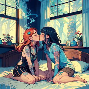 picture of a (girl and a boy on the bed), sitting on the bed, close up, cheek hold, open mouth kiss, faces close,  duck face kiss, holding face, girl with petite body, cheek carassing, blushing, closed eyes, innocent, beautiful kiss, sweet, caring, cute, magical, passionate, intoxicated expression, with tattoos, piercing, intimate, love, positive, trippy, hippie jewerly, casual cozy room, close up, petite, full body, great anatomy, colorful smoke, casual hippie attire, relaxed, mandalas, fantasy shapes and waves, colorful, mushroom decoration, good proportions, girl with freckles, window with forest, (above perspective), beautiful light, high contrast, highly detailed, 4k, 8k, HD, crispy, smooth, masterpiece, digital art, beautiful, high focus, very warm tones