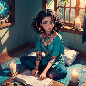 picture of a (girl sitting on the floor), (above perspective), rug, with hazel green eyes, relaxed body, with brow piercing, with mystic tattoos, ethnic jewerly, with curly hair, parchment with mystic symbols, sun catcher, dream catcher, casual room, window with dark green forest, plants, glowing himalayan salt lamp, calm expression, mysterious, ceramic clay cup, 1cute mushroom decor, casual gothic attire, candles, golden, open old book, (darkness),  (above perspective), highly detailed, 4k, 8k, HD, crispy, smooth, masterpiece, digital art, beautiful,