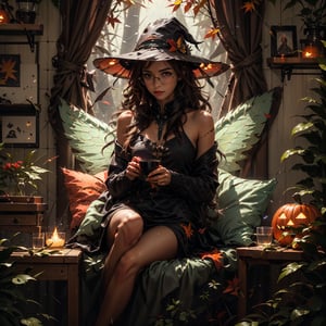 picture of a ((casual cozy room, girl sitting on the armchair)), (full body), (darkness), (perspective),  (by the wooden desk), cute witch fea attire, visible face, ((with round glassess), (with long curled brown hair)), shiny eyes, cards spread, cards, mystic cards, divination, room decorations, pumpkin, crows skull, cup of hot tea, candles, book, (window with autumn forest and field of grass and rain), highly detailed, 4k, HD, crispy, smooth, masterpiece, digital art, beautiful, rich colors,BJ_Oil_painting,fairy,butterfly_wings
