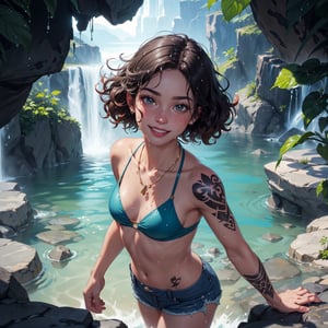 picture of a (girl half in water behind a dark cave), (above perspective), looking away, with freckles, happy expression, smile, ((wet clothes)), ((wet damp hair)), (wet), with wet tshirt, relaxed body, (very small flat breast), ((darkness behind)), dark cave behind, with feminine tattoos,, with bikini top, long jean shorts, many long necklaces, heavy jewerly, with curly hair, with dark green forest, waterfall, big rocks, water, plants, hibiscus bush, golden, high cotrast, ultra realistic lightning, (above perspective), highly detailed, 4k, 8k, HD, crispy, smooth, masterpiece, digital art, beautiful,glass