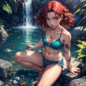 picture of a (girl sitting on the rock outside of room), (above perspective), with freckles, dunamic pose, with innocent expression, with hazel green eyes, ((with transparent top clothing)), relaxed body, (very small flat breast), with face piercing ring jewerly, with mystic tattoos, ethnic jewerly, with bikini top, long jean shorts, many long necklaces, with curly hair, with dark green forest, waterfall, big rocks, water, plants, glowing himalayan salt, rose quartz, mysterious, with belly button piercing, hibiscus bush, cute mushroom decor, sunset, casual gothic attire, golden, (above perspective), highly detailed, 4k, 8k, HD, crispy, smooth, masterpiece, digital art, beautiful,glass,plants