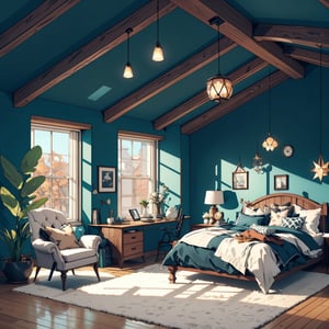 picture of a cozy huge long room loft attic, big window, dark autumn forest behind the window, cloudy, high fluffy cute bed, modern, open space, cozy, loft, very long wooden desk by the window, office chair, puffy armchair, flyffy rug, high contrast, (dark wood), huge open room, minimalism, green velvet, cute decoration, girly decoration, (above perspective), highly detailed, 4k, 8k, HD, crispy, smooth, masterpiece, digital art, beautiful, architecture, interior design, ,glass,xyzsanart01