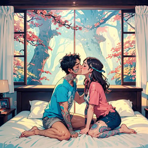 picture of a ((boy and girl kissing on the bed)), sitting on the bed, close up, cheek hold, holding face, cheek carassing, blushing, closed eyes, innocent, beautiful kiss, sweet, caring, cute, passionate, with tattoos, love, jewerly, casual cozy room, close up, full body, great anatomy, casual hippie attire, relaxed, mandalas, fantasy shapes and waves, colorful, mushroom decoration, good proportions, window with forest, (above perspective), beautiful light, high contrast, highly detailed, 4k, 8k, HD, crispy, smooth, masterpiece, digital art, beautiful, high focus, very warm tones,