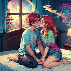 picture of a (girl and a boy kissing on the bed), sitting on the bed, cheek hold, holding face, closed eyes, passionate, intimate, love, positive, trippy, hippie jewerly, casual cozy room, close up, petite, full body, great anatomy, colorful smoke, casual hippie attire, relaxed, tie dye top, mandalas, fantasy shapes and waves, colorful, mushroom decoration, smile, calm, magical light, good proportions, with freckles, cherry red hair and eyebrows, window with very dark forest, night, (above perspective), beautiful light, high contrast, highly detailed, 4k, 8k, HD, crispy, smooth, masterpiece, digital art, beautiful, high focus, very warm tones