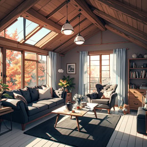 picture of a cozy huge long room loft attic, big window, dark autumn forest behind the window, cloudy, high fluffy cute bed, modern, open space, cozy, loft, very long wooden desk by the window, office chair, puffy armchair, flyffy rug, high contrast, dark wood, huge open room, minimalism, velvet, cute decoration, girly decoration, (above perspective), highly detailed, 4k, 8k, HD, crispy, smooth, masterpiece, digital art, beautiful, architecture, interior design, ,glass,xyzsanart01