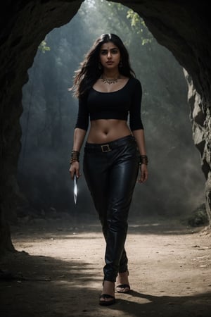 a_beautifull_indian girl,black heir,sword in the right hand,worrior look,worrior skirt,worrior outfit,leather thight pant,cleavage,opend heir,in the dark cave,front-view,looking_at_viewer,holding sword upwords,blue lighting ,dark background,beauty,beautifull navel , wearing whight 