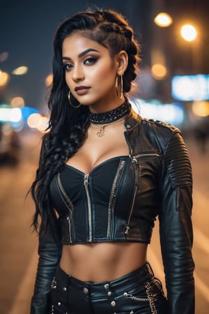 Create a beautiful indian women, hourglass body shape, beautiful face and body, cute nose ring,athletic, biker jacket, corset, skirt, black hair, braids, make_up, choker, wide hips,happy,, background of night city.photo r3al,detailmaster2,aesthetic portrait