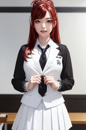 kaede kazama, long hair, bangs, (red eyes:1.3), ponytail, braid, sidelocks, red hair, smile, huge breasts, (joy:1.3)
BREAK (white skirt:1.3), long sleeves, school uniform, necktie, collared shirt, uniform, (black shirt:1.5), (white suit:1.5), blue necktie, (blue tie:1.2)
BREAK indoors, classroom,
BREAK looking at viewer, (cowboy shot:1.5),
BREAK (masterpiece:1.2), best quality, high resolution, unity 8k wallpaper, (illustration:0.8), (beautiful detailed eyes:1.6), extremely detailed face, perfect lighting