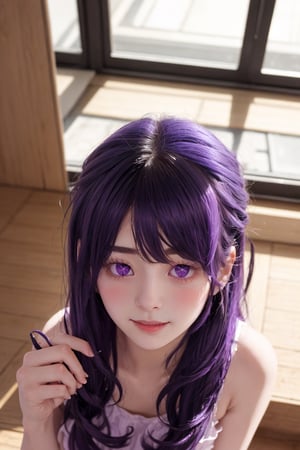 masterpiece, best quality, Hoshino Ai, (purple eyes:1.1), (purple hair:1.2), Hoshino Ai, long hair, smile, dance, from above, looking at viewer, blush, indoors, hoshino ai,1girl