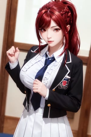 kaede kazama, long hair, bangs, (red eyes:1.3), ponytail, braid, sidelocks, red hair, smile, huge breasts, (joy:1.3)
BREAK (white skirt:1.3), long sleeves, school uniform, necktie, collared shirt, uniform, (black shirt:1.4), (white suit:1.4), blue necktie, (blue tie:1.2)
BREAK indoors, classroom,
BREAK looking at viewer, (cowboy shot:1.3), close-up
BREAK (masterpiece:1.2), best quality, high resolution, unity 8k wallpaper, (illustration:0.8), (beautiful detailed eyes:1.4), extremely detailed face, perfect lighting