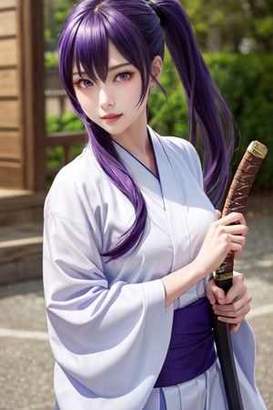 masterpiece, best quality, Busujima Saeko, high definition, solo, (purple eyes:1.3), (purple hair:1.1), (Simply Straight Pony Hair:1.2), (hime kimono1.2), (formal kimono:1.2), (tailored kimono and yukata), (elegant, feminine, sophisticated), (beautiful girl), gorgeous face, gorgeous eyes, detailed face, detailed hands, smile, photorealistic, (asian face:1.2), busujima_saeko, katana in hand, defensive stance with a sword in hand, battoujutsu