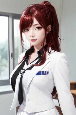 kaede kazama, long hair, bangs, (red eyes:1.3), ponytail, braid, sidelocks, red hair, smile, huge breasts, (joy:1.3)
BREAK (white skirt:1.3), long sleeves, school uniform, necktie, collared shirt, uniform, (black shirt:1.5), (white suit:1.5), blue necktie, (blue tie:1.2)
BREAK indoors, classroom,
BREAK looking at viewer, (cowboy shot:1.5),
BREAK (masterpiece:1.2), best quality, high resolution, unity 8k wallpaper, (illustration:0.8), (beautiful detailed eyes:1.6), extremely detailed face, perfect lighting