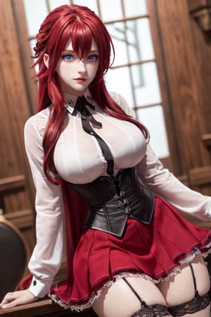 girl, long hair, (blue eyes:1.2), (voluminous red hair:1.2), masterpiece, beautiful detailed eyes, beautiful detailed lips, large breasts, rias gremory, red skirt, white shirt, black corset, (beautiful detailed long red hair:1.2), smile