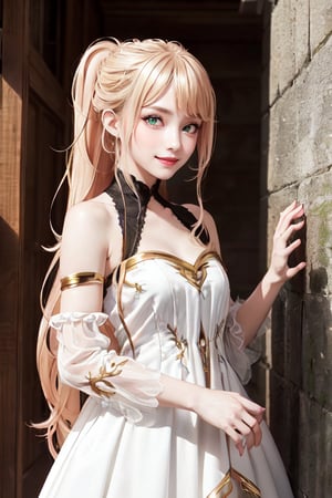 Lexia Von Alceria, long hair, Blonde hair, (green eyes:1.3), ponytail, sweet smile, medium breast, noble atmosphere, Aristocratic dress, dress, bare shoulders, cut off sleeves, White dress, looking at viewer, Whole body, (masterpiece:1.2), Best quality, a high resolution, unity 8k wallpaper, (illustration:0.8), (Beautiful detailed eyes:1.3)