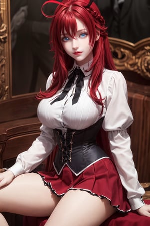girl, long hair, (blue eyes:1.2), (voluminous red hair:1.2), masterpiece, beautiful detailed eyes, beautiful detailed lips, large breasts, rias gremory, red skirt, white shirt, black corset, (beautiful detailed long red hair:1.2), (smile:1.2), Nice legs and hot body