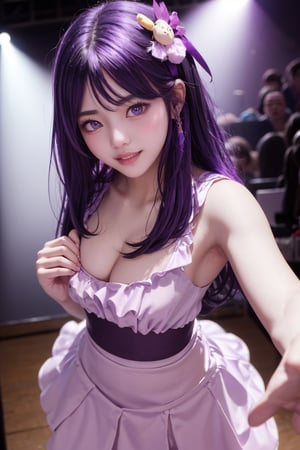 masterpiece, best quality, Hoshino Ai, (purple eyes:1.1), (purple hair:1.2), Hoshino Ai, long hair, smile, joy, music scene, singer performing on stage, dance, from above, looking at viewer, richly decorated outfit, luxurious outfit, hoshino ai,1girl