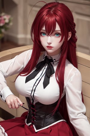 (young girl:1.2), long hair, (aqua eyes:1.2), (voluminous red hair:1.2), masterpiece, beautiful detailed eyes, beautiful detailed lips, large breasts, rias gremory, red skirt, white shirt, black corset, (beautiful detailed hair:1.2), :}