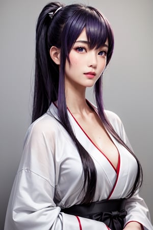 masterpiece, best quality, Busujima Saeko, high definition, solo, (purpul eyes:1.4), (purpul hair:1.3), (Simply Straight Pony Hair:1.5), (hime kimono1.2), (formal kimono:1.2), (tailored kimono and yukata), (elegant, feminine, sophisticated), (beautiful girl), gorgeous face, gorgeous eyes, detailed face, detailed hands, smile, photorealistic, (asian face:1.2), Kunoichi,busujima_saeko,busujima saeko