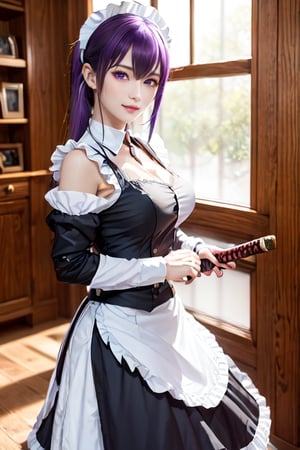 masterpiece, best quality, Busujima Saeko, high definition, solo, (purple eyes:1.3), (purple hair:1.1), (Simply Straight Pony Hair:1.2), (elegant, feminine, sophisticated), (beautiful girl), gorgeous face, gorgeous eyes, detailed face, detailed hands, smile, photorealistic, (asian face:1.2), busujima_saeko, katana in hand, defensive stance with a sword in hand, battoujutsu, ((maid_dress)),Maria_VMV2,Maid_Dress,maid, maid costume