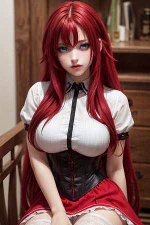 girl, long hair, (blue eyes:1.2), (voluminous red hair:1.2), masterpiece, beautiful detailed eyes, beautiful detailed lips, large breasts, rias gremory, red skirt, white shirt, black corset, (beautiful detailed long red hair:1.2), (smile:1.2), Nice legs and hot body