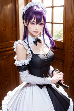 masterpiece, best quality, Busujima Saeko, high definition, solo, (purple eyes:1.3), (purple hair:1.1), (Simply Straight Pony Hair:1.2), (elegant, feminine, sophisticated), (beautiful girl), gorgeous face, gorgeous eyes, detailed face, detailed hands, smile, photorealistic, (asian face:1.2), busujima_saeko, katana in hand, defensive stance with a sword in hand, battoujutsu, ((maid_dress)),Maria_VMV2,Maid_Dress,maid, maid costume