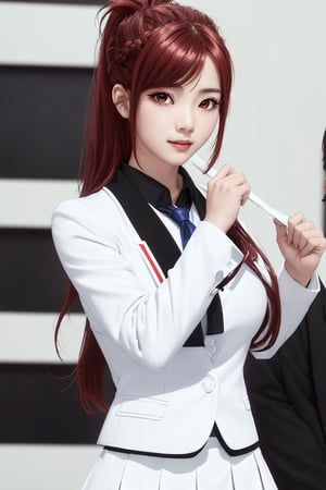 kaede kazama, long hair, bangs, (red eyes:1.3), ponytail, braid, sidelocks, red hair, smile, huge breasts, (joy:1.3)
BREAK (white skirt:1.3), long sleeves, school uniform, necktie, collared shirt, uniform, (black shirt:1.5), (white suit:1.5), blue necktie, (blue tie:1.2)
BREAK indoors, classroom,
BREAK looking at viewer, (cowboy shot:1.5), close-up
BREAK (masterpiece:1.2), best quality, high resolution, unity 8k wallpaper, (illustration:0.8), (beautiful detailed eyes:1.6), extremely detailed face, perfect lighting