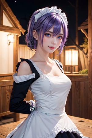 outdoors, night, forrest,1girl, Luna, medium breasts, looking at the viewer, blue eyes, purple hair, maid_costume, (masterpiece:1.2), Best quality, a high resolution, unity 8k wallpaper, (illustration:0.8), (Beautiful detailed eyes:1.6), very detailed face, athletic figure, maid
