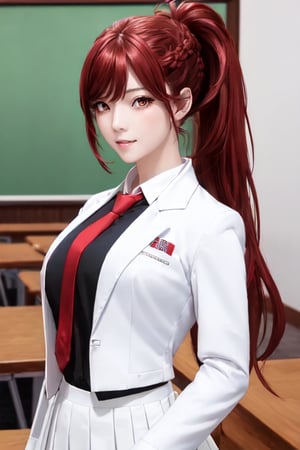 kaede kazama, long hair, bangs, (red eyes:1.3), ponytail, braid, sidelocks, red hair, smile, huge breasts, (joy:1.3)
BREAK (white skirt:1.3), long sleeves, school uniform, necktie, collared shirt, uniform, (black shirt:1.4), (white suit:1.4), blue necktie, (blue tie:1.2)
BREAK indoors, classroom,
BREAK looking at viewer, (cowboy shot:1.3), close-up
BREAK (masterpiece:1.2), best quality, high resolution, unity 8k wallpaper, (illustration:0.8), (beautiful detailed eyes:1.4), extremely detailed face, perfect lighting