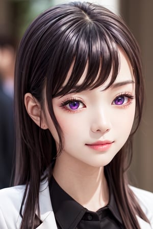 masterpiece, best quality, high definition, 
Kaori Houjou, solo, (purple eyes:1.1), (black hair:1.2), long hair, school_uniform, white jacket, black shirt, (elegant, feminine, sophisticated), (cute girl), gorgeous face, gorgeous eyes, detailed face, detailed hands, smile, photorealistic, (asian face:1.2)