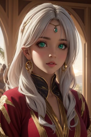  4K UHD, upscaled professional photo, stunningly beautiful woman, A (best quality,4k,8k,highres,masterpiece:1.2),ultra-detailed,highly detailed facial features,extremely detailed eyes and face, longeyelashes, beautiful detailed eyes,beautiful detailed lips,1girl,fantasy,cute,whimsical,soft lighting,pastel colors,warm color palette
 solo_female, ear_rings, tall_girl, tall_female, big_breasts, much gold, ayse_khadim, long arabian clothes, green eyes, circlet, park, sunset, standing, nature , masterpiece, best quality, white hair